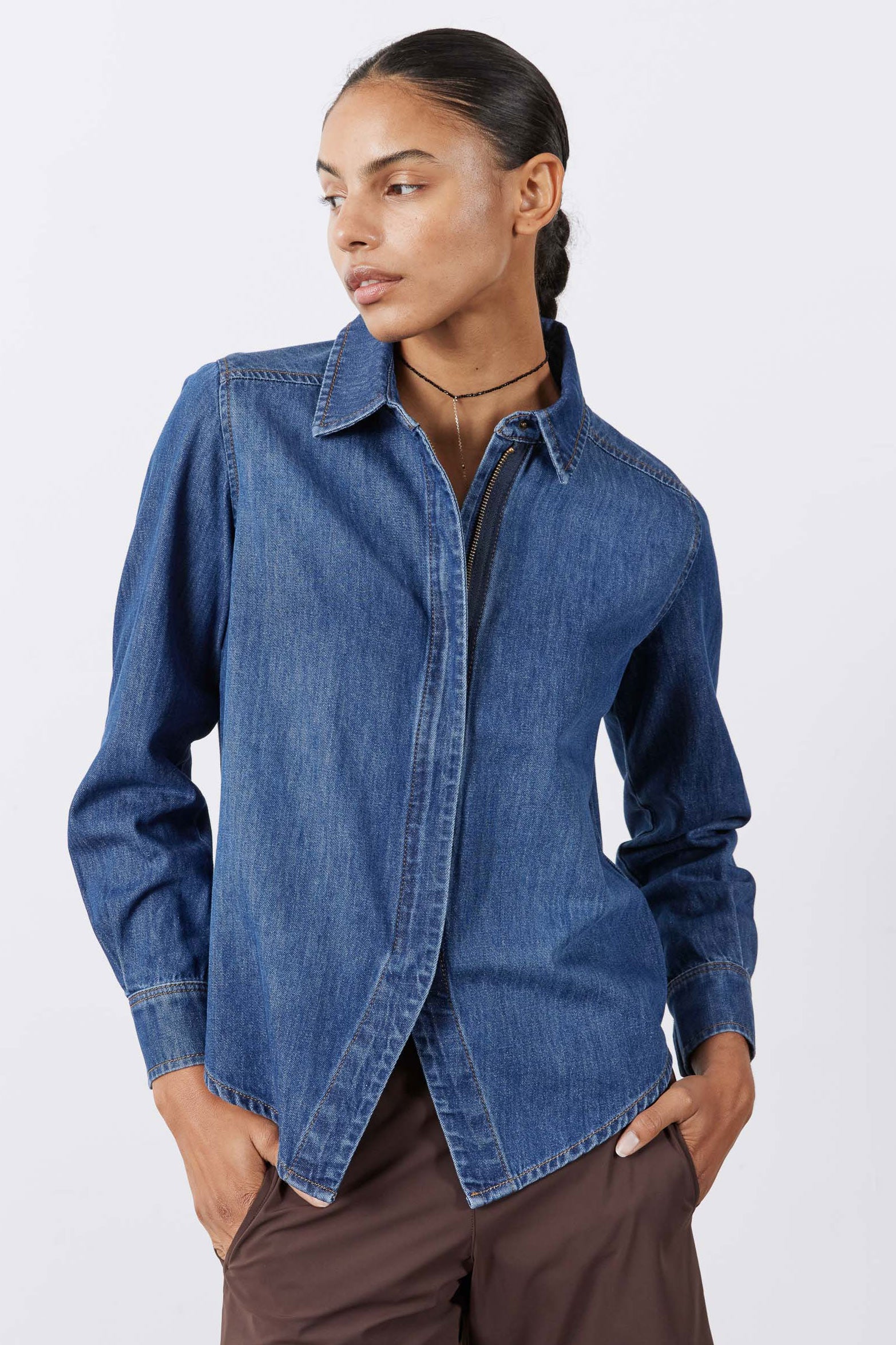 Denim Handkerchief With a Zipper Blouse | Mira Medium Wash – Ruti