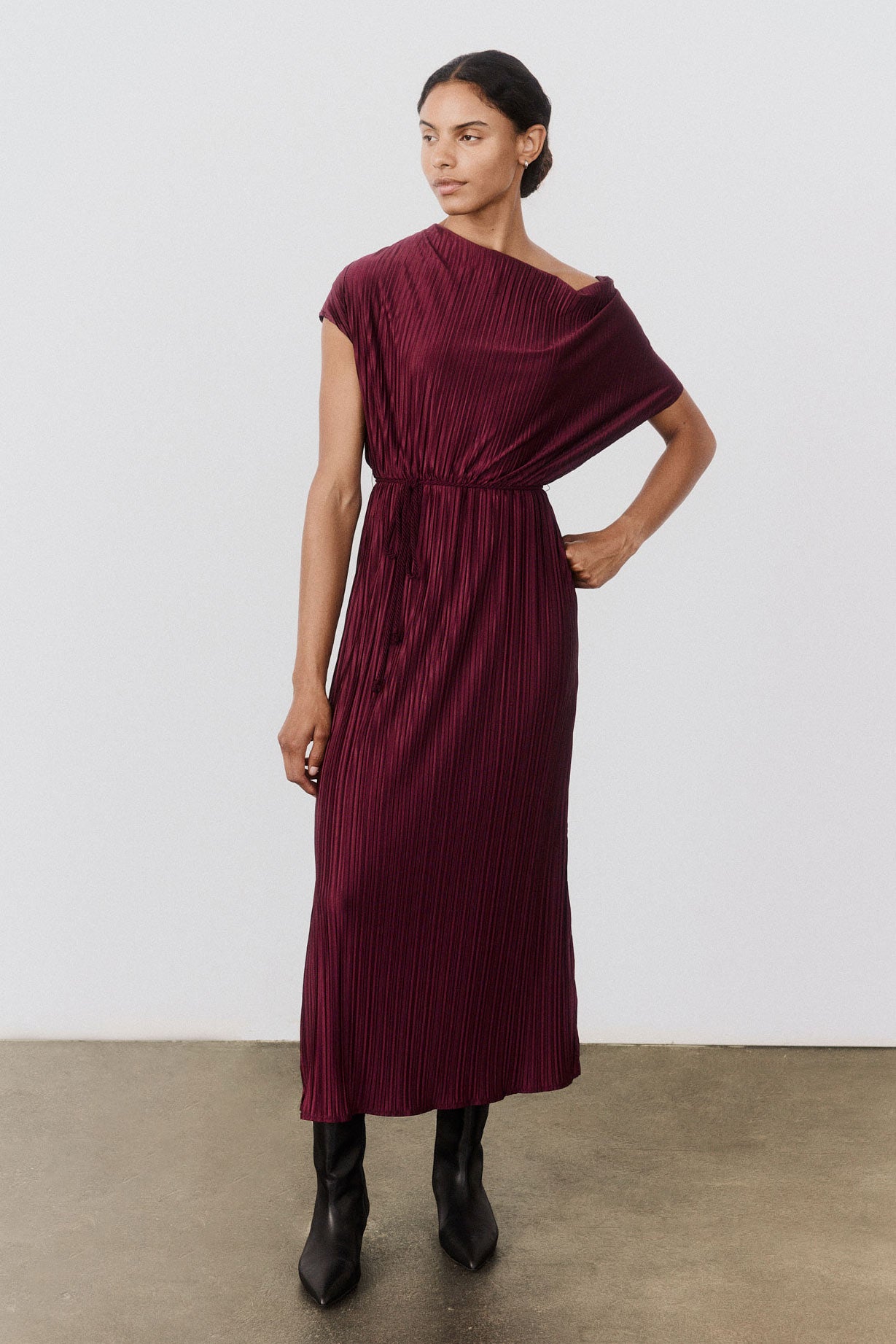 Draped Pleated Maxi Dress Deep Burgundy / Xs at Ruti