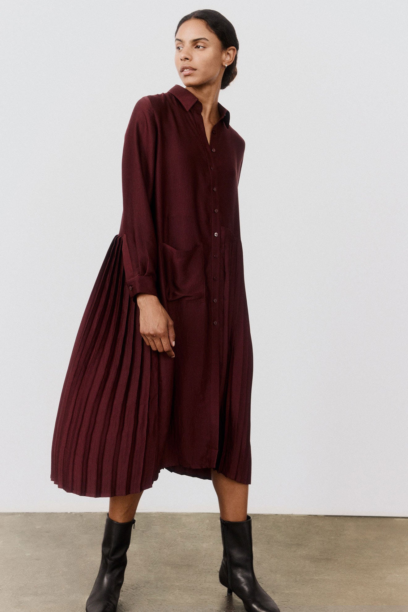 Ruti One-Sided Pleated Slinky Long Sleeve Dress Women's Size 6 Cabernet at Ruti