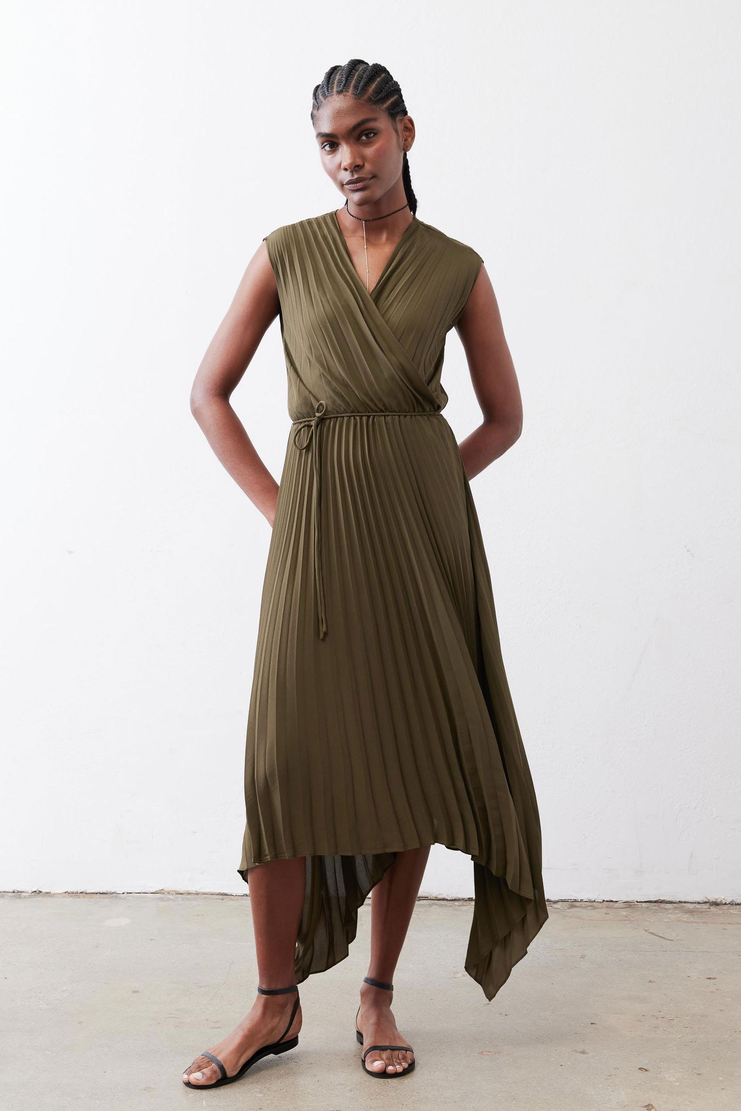 flattering wrap dress Perfect Pleated Wrap Dress Olive / XS