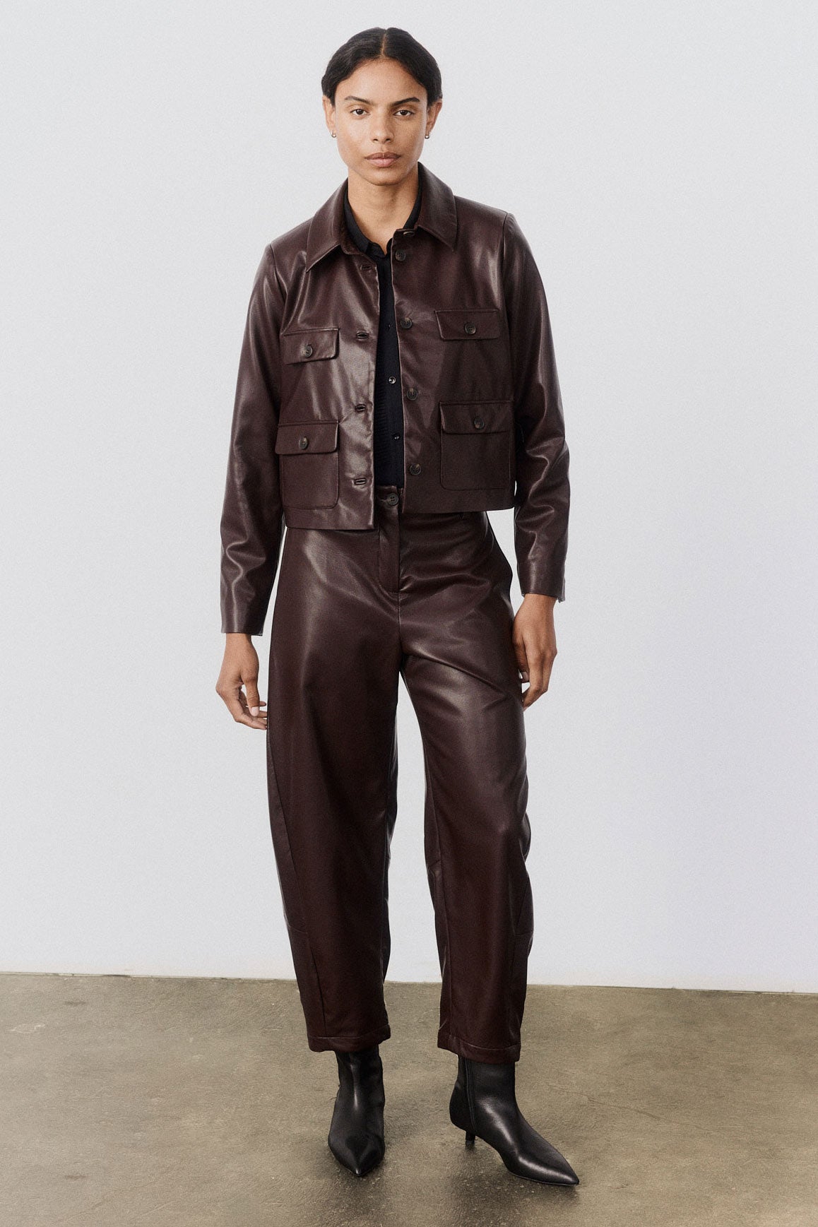 Vegan Leather Button Down Jacket | Oxblood  Ruti