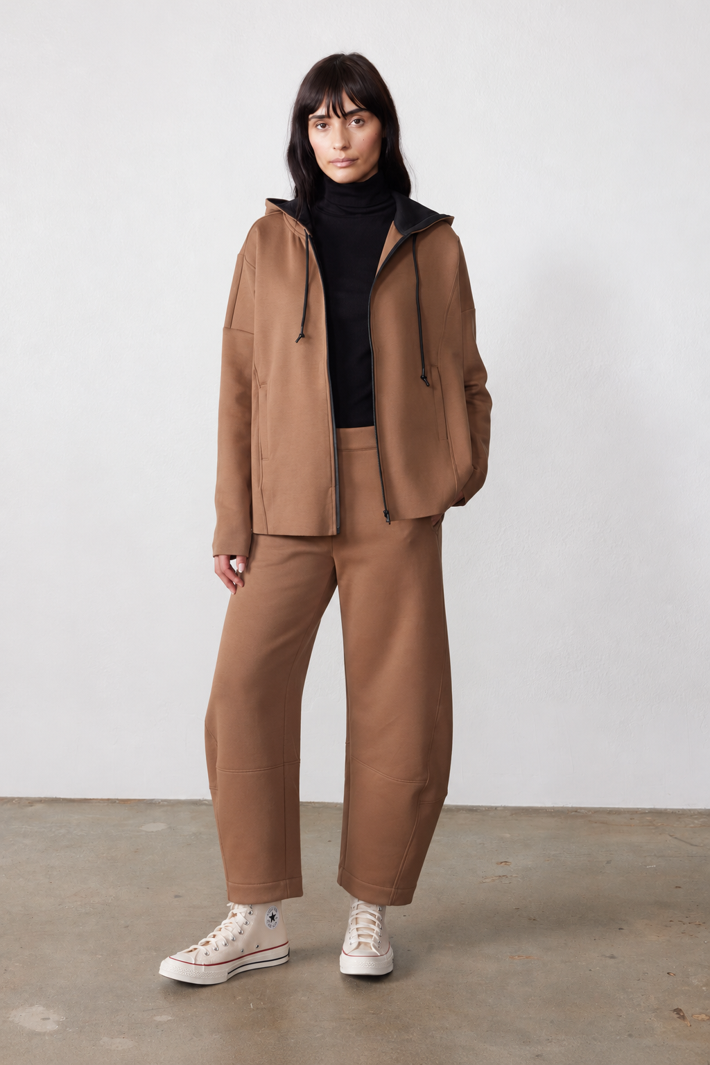 Mocha work scuba pants with elastic waist and relaxed ankle-length straight legs