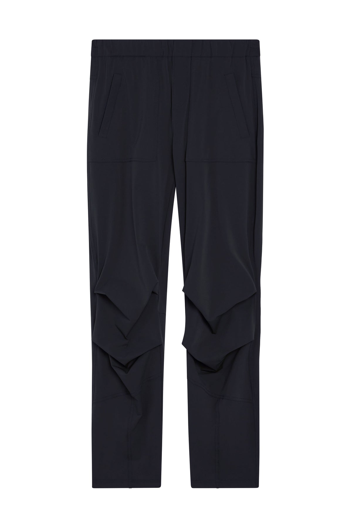 Black athletic jogger pants with elastic waistband and layered knee-panel pockets
