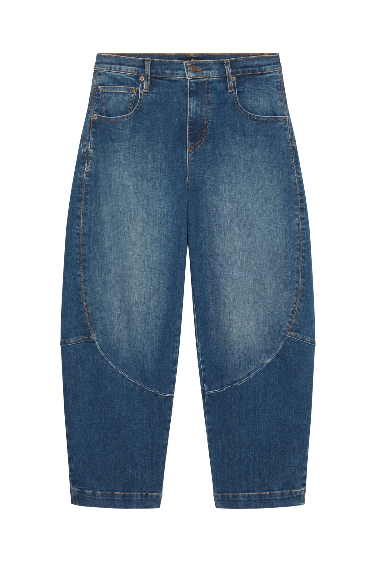 Medium-wash denim wide-leg pants with front patch pockets and button closure