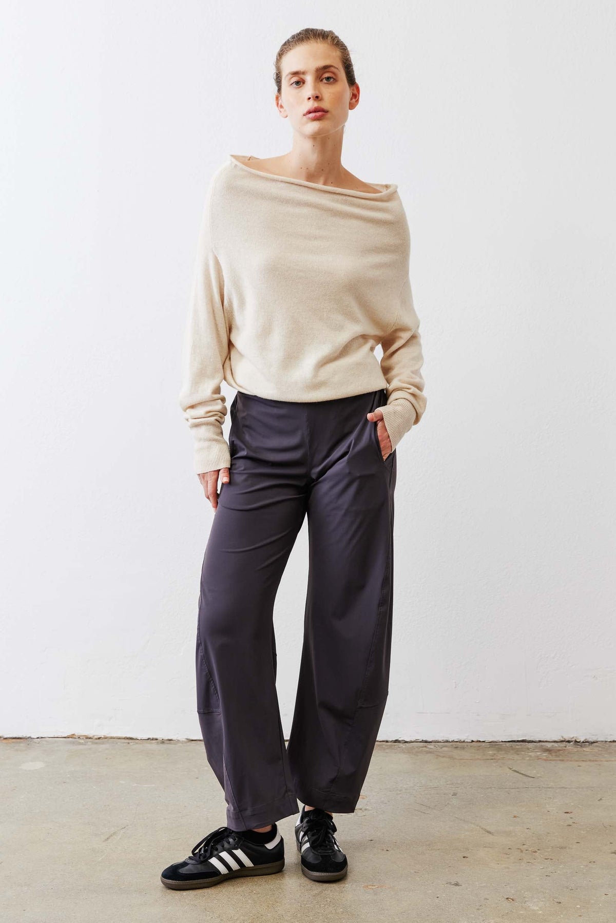 Graphite loose work pants with wide legs and relaxed, comfortable fit