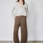 Mocha brown work scuba pants, relaxed fit, elastic waistband, full-length straight leg