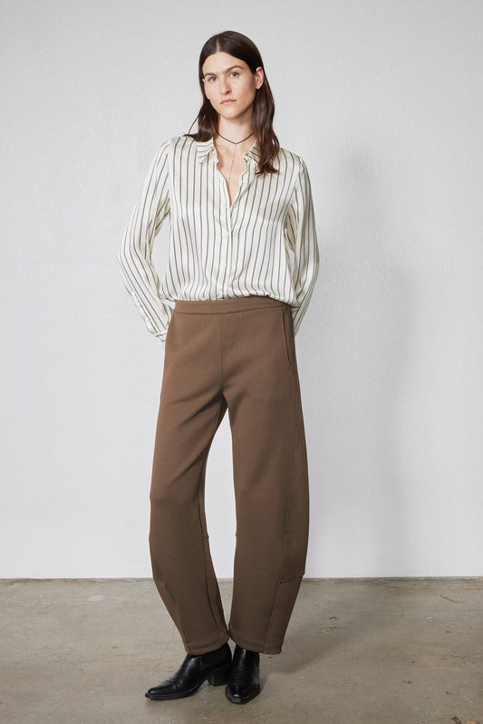 Mocha brown work scuba pants, relaxed fit, elastic waistband, full-length straight leg