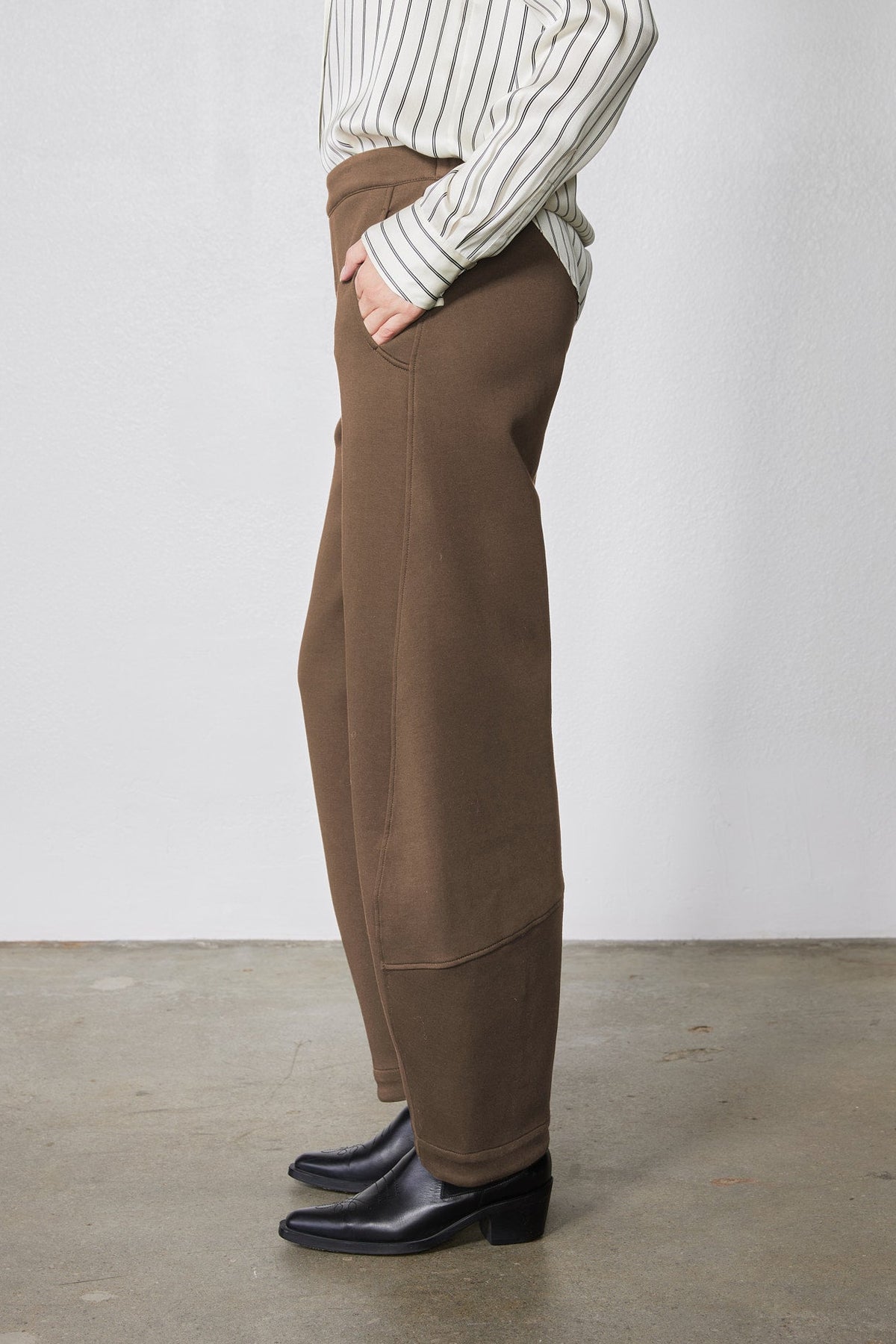 Mocha brown work scuba pants with long straight leg and stitched cuff seam