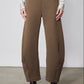 Mocha brown relaxed straight-leg scuba pants with side seams and elastic waist