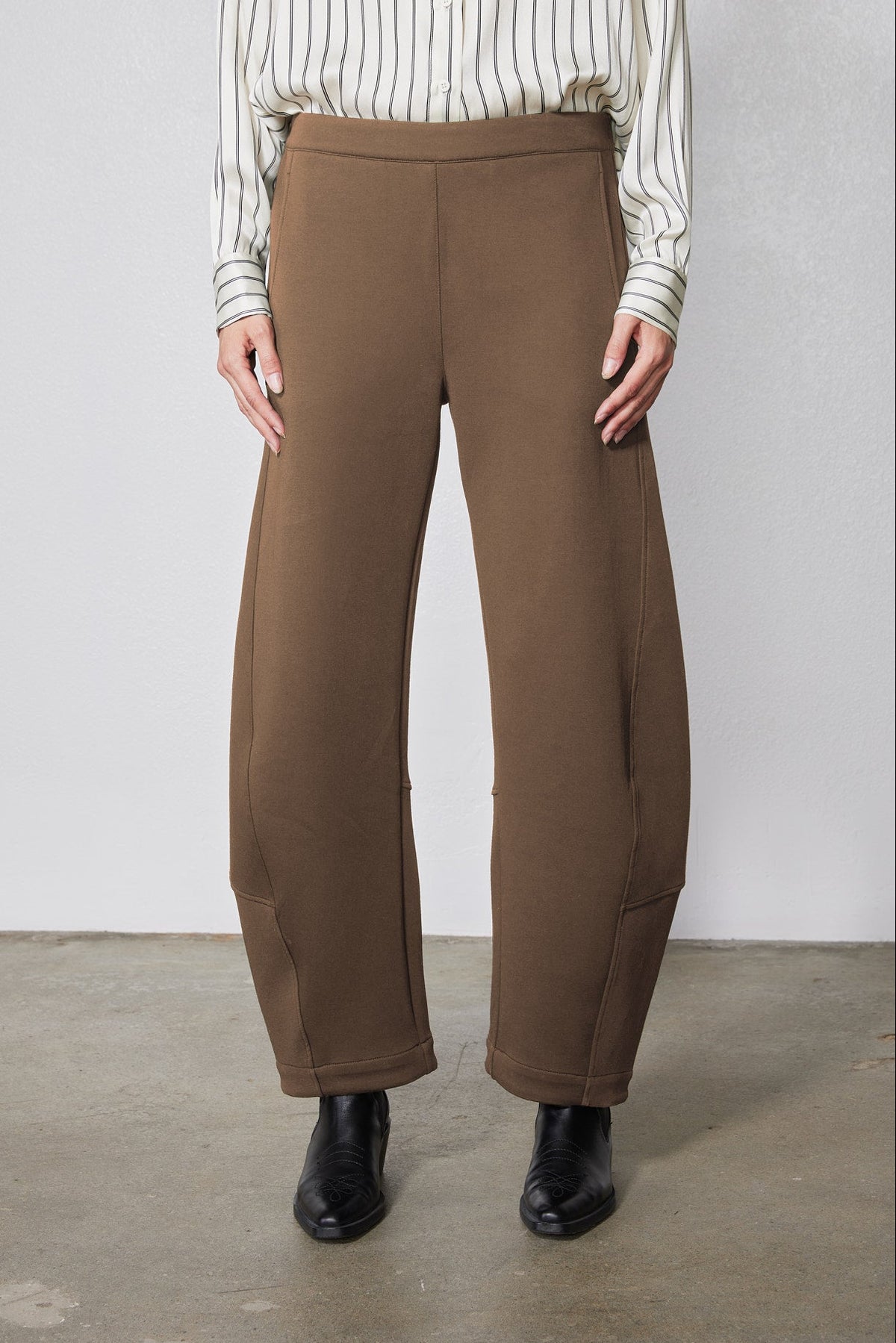 Mocha brown relaxed straight-leg scuba pants with side seams and elastic waist
