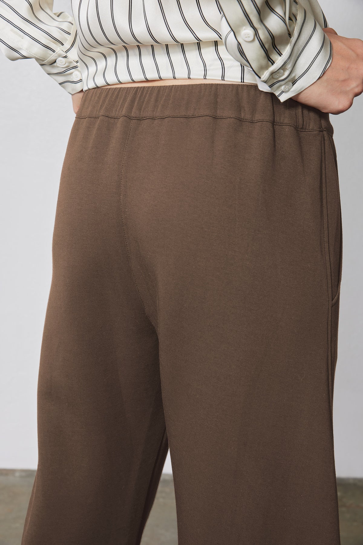 Mocha brown work scuba pants with wide elastic waistband and relaxed straight legs