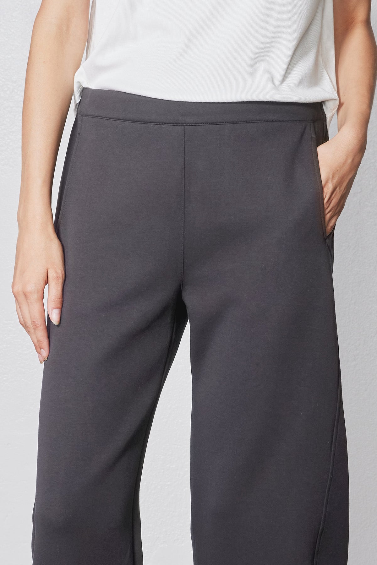 Storm gray work scuba pants front view with relaxed straight wide legs