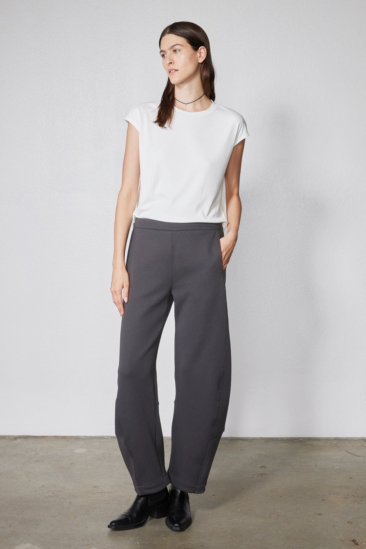 Storm gray work scuba pants on model, relaxed wide-leg silhouette