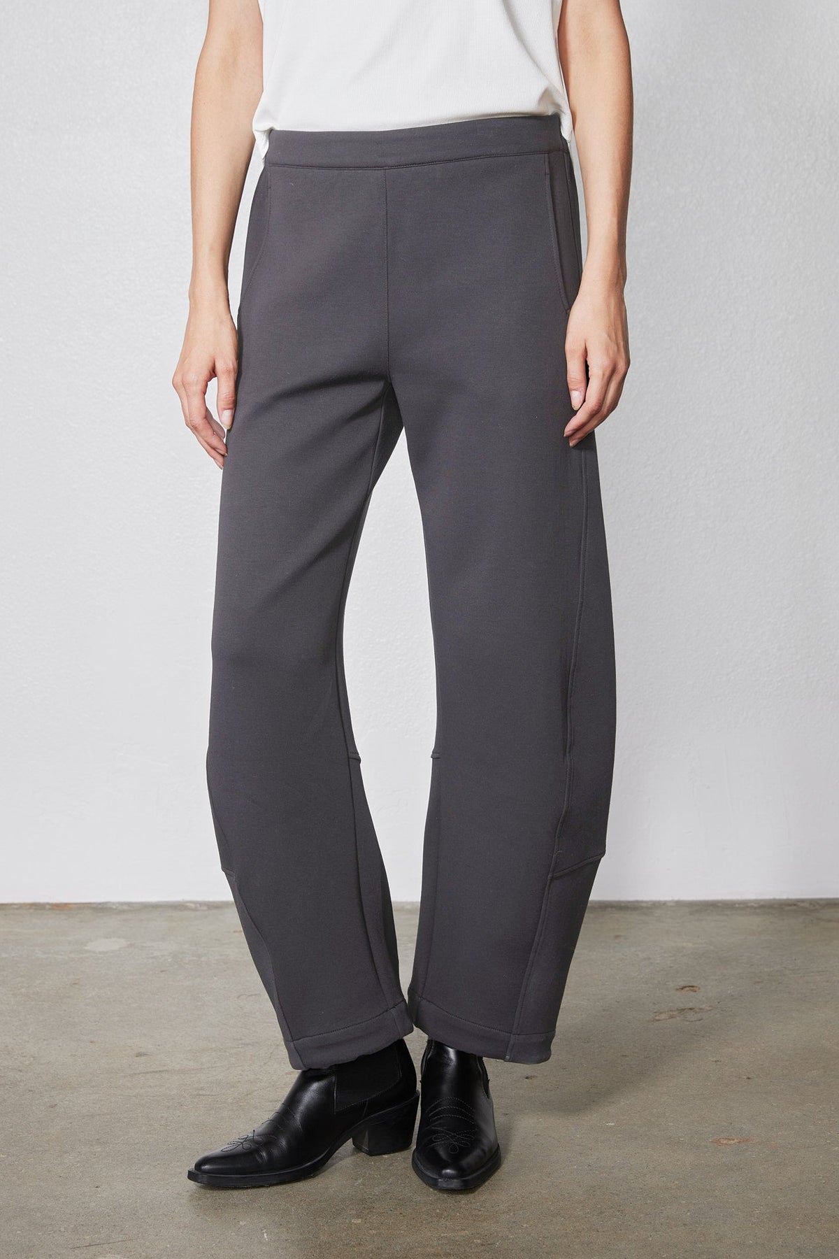 Storm gray work scuba pants with relaxed wide-leg fit and smooth pull-on waistband
