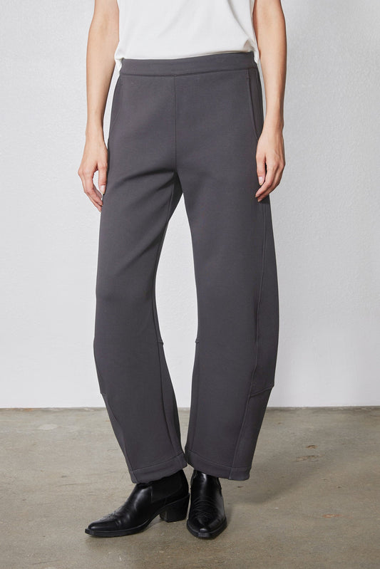 Storm gray work scuba pants with relaxed wide-leg fit and smooth pull-on waistband