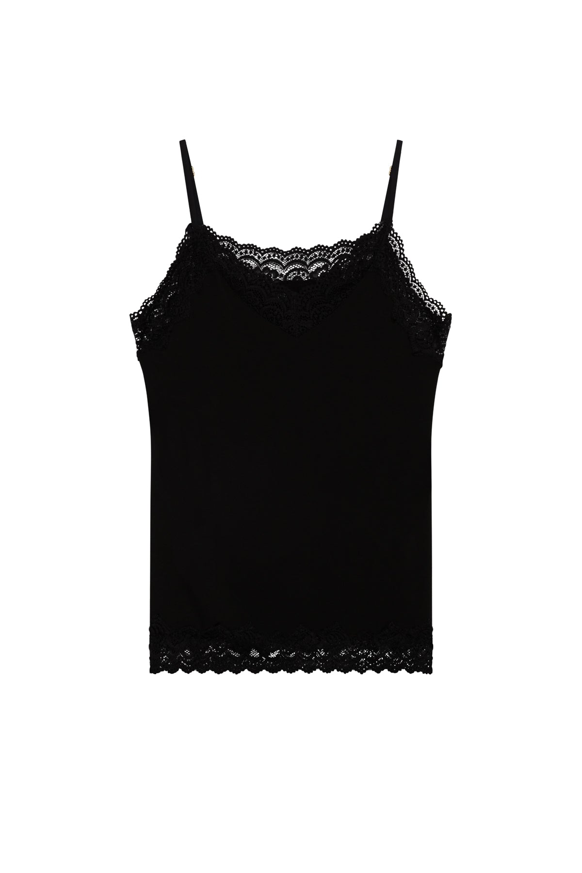 Black lace-trim camisole with thin spaghetti straps
