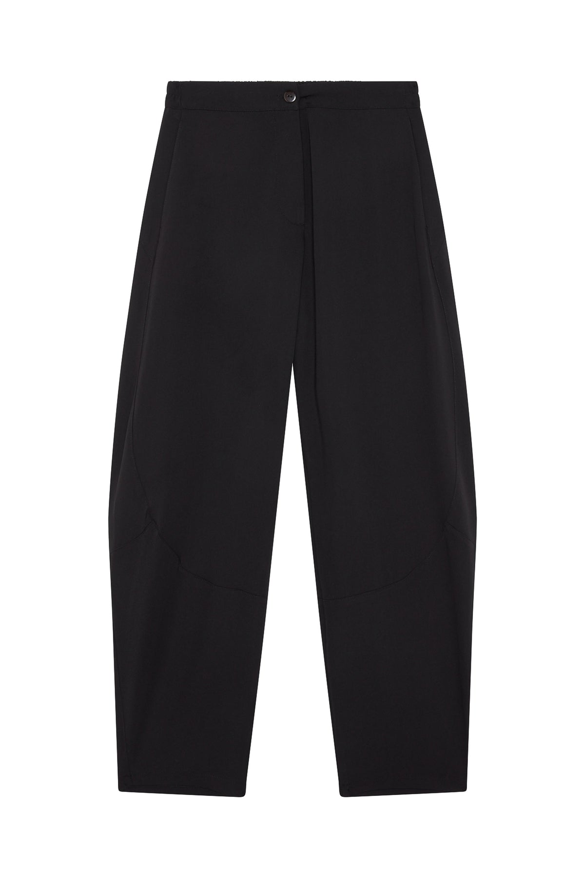 Black wide pants, flat front with button closure and clean straight legs
