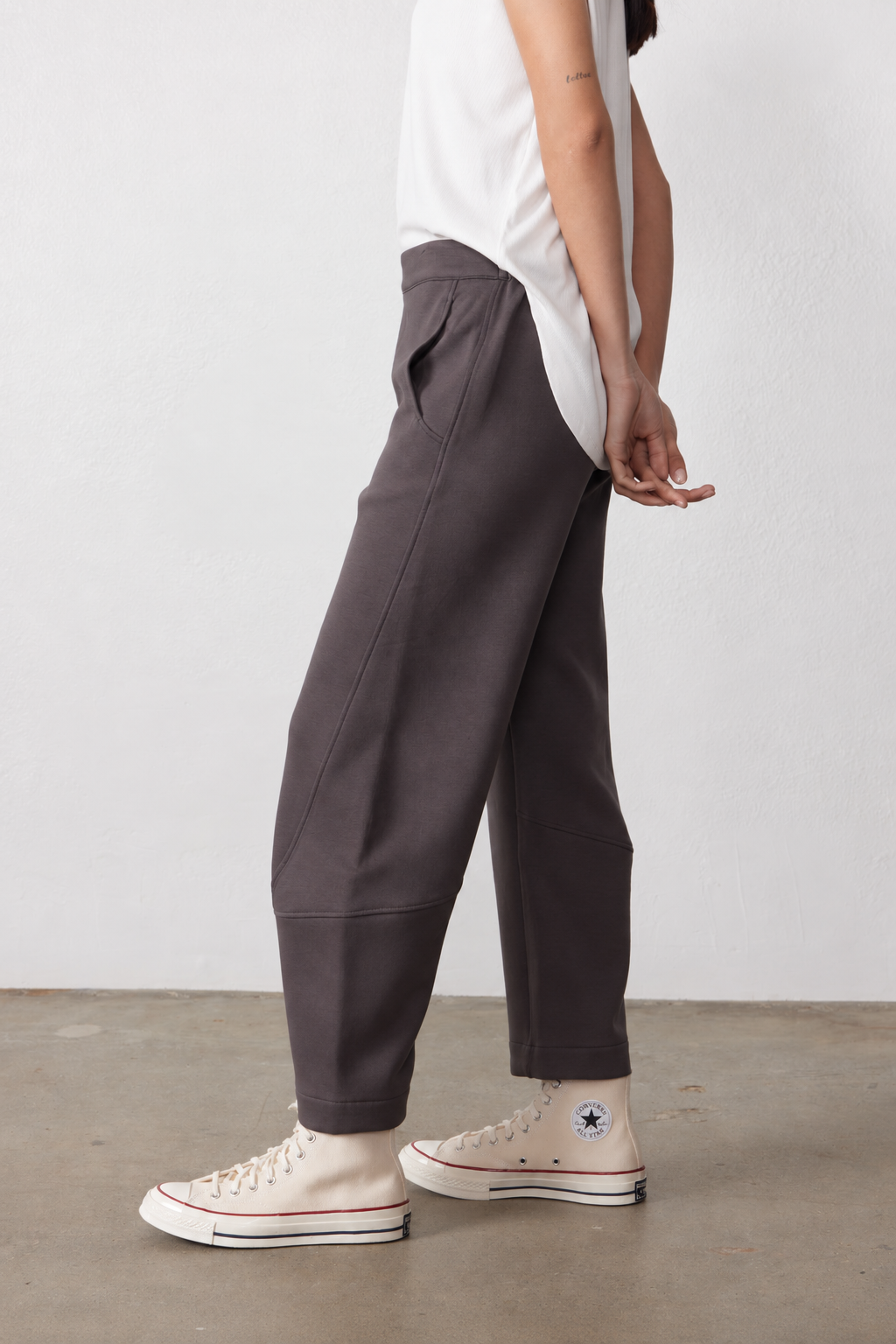 Storm gray work scuba pants with cropped wide legs and secure side pocket