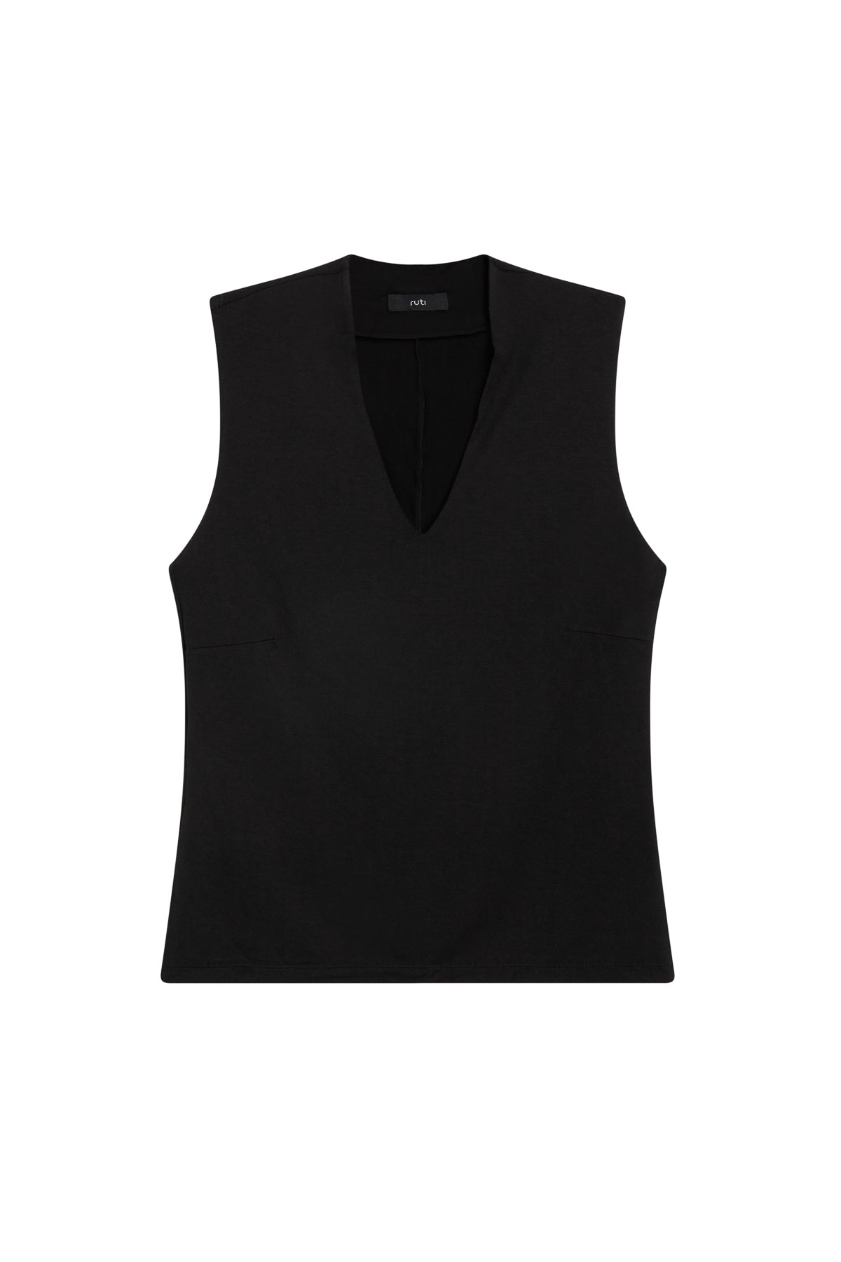 Black sculpted V-neck sleeveless tank top, flat lay