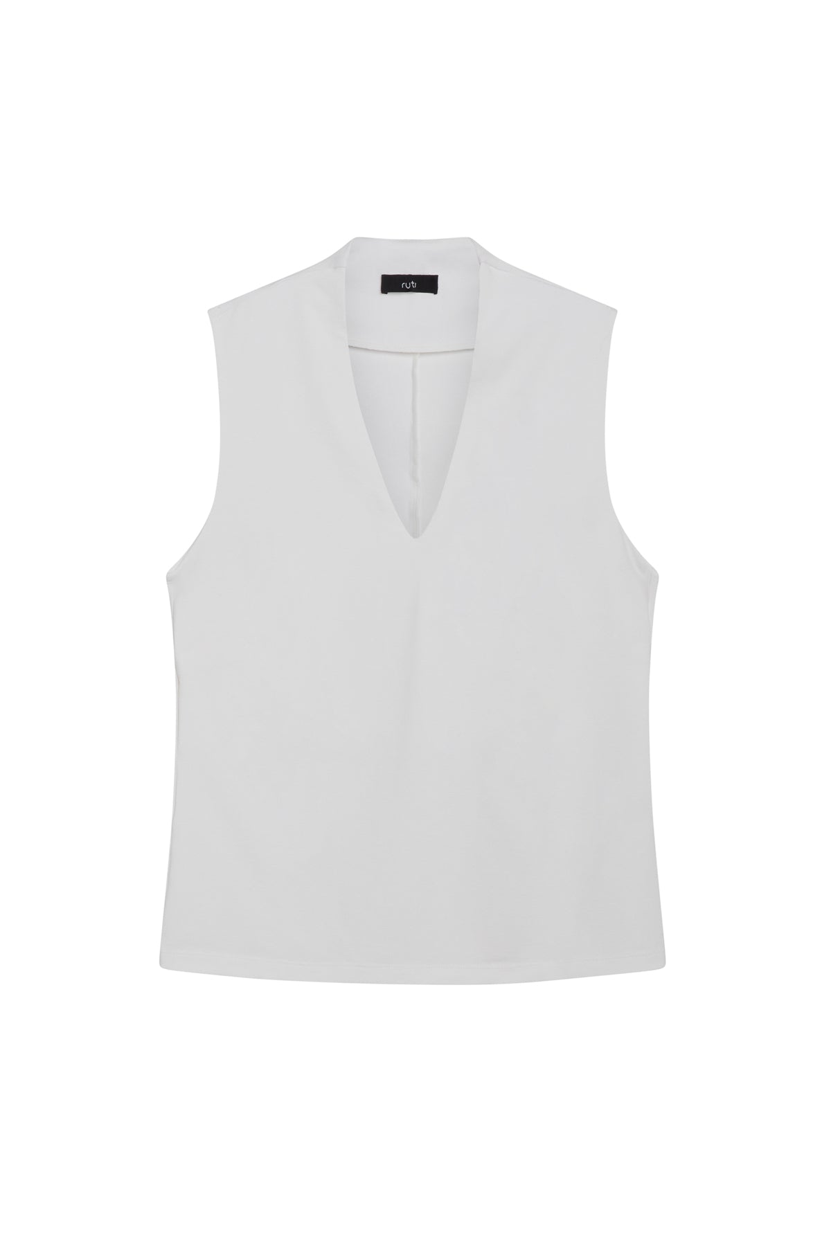 White sculpted V-neck tank top, sleeveless and fitted