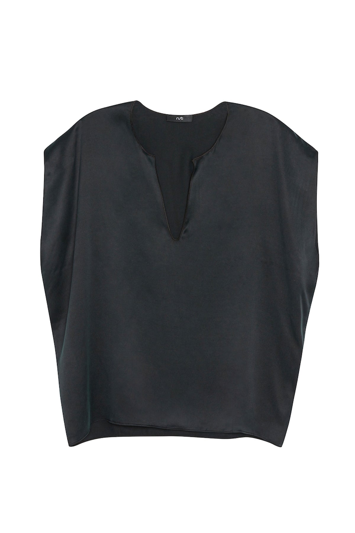 Black silk pullover top with V-neck and long sleeves, relaxed fit