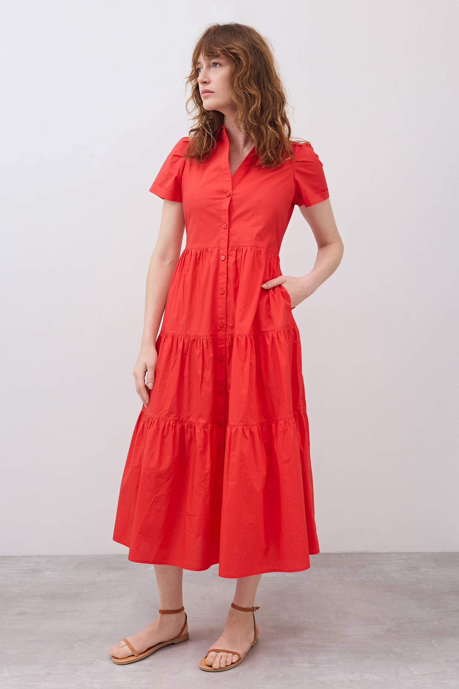 Hot coral long poplin dress with short sleeves, button front, and tiered skirt