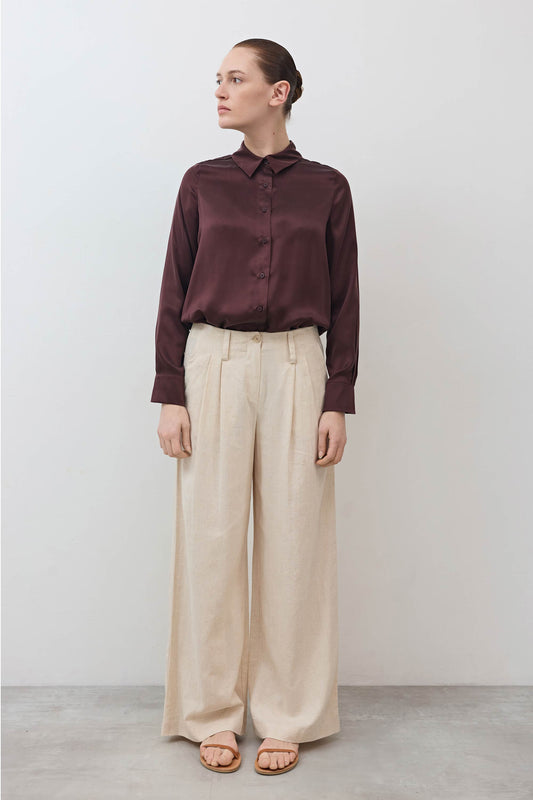 Oatmeal linen wide-leg trousers with drawstring waist and flowy wide cuffs