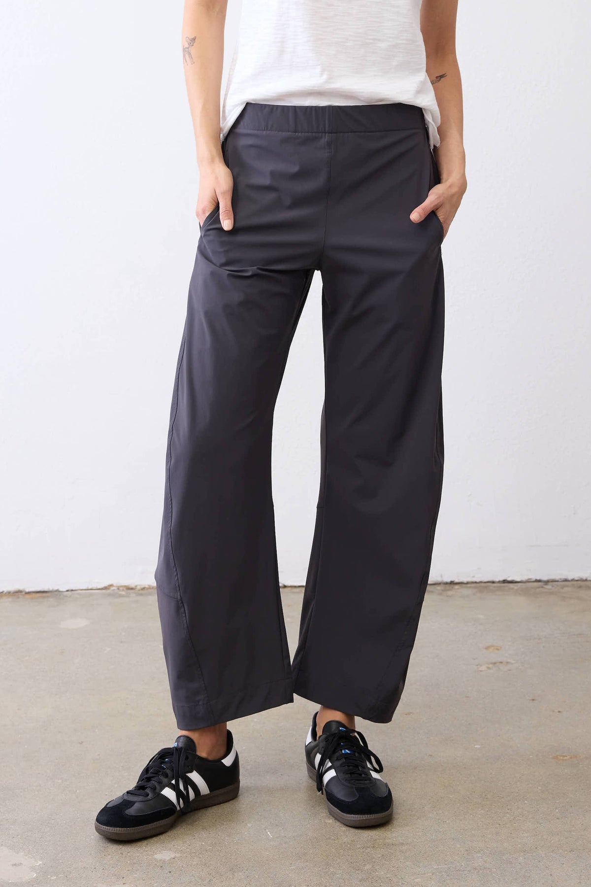 Graphite wide-leg work pants with elastic waist and front slant pockets