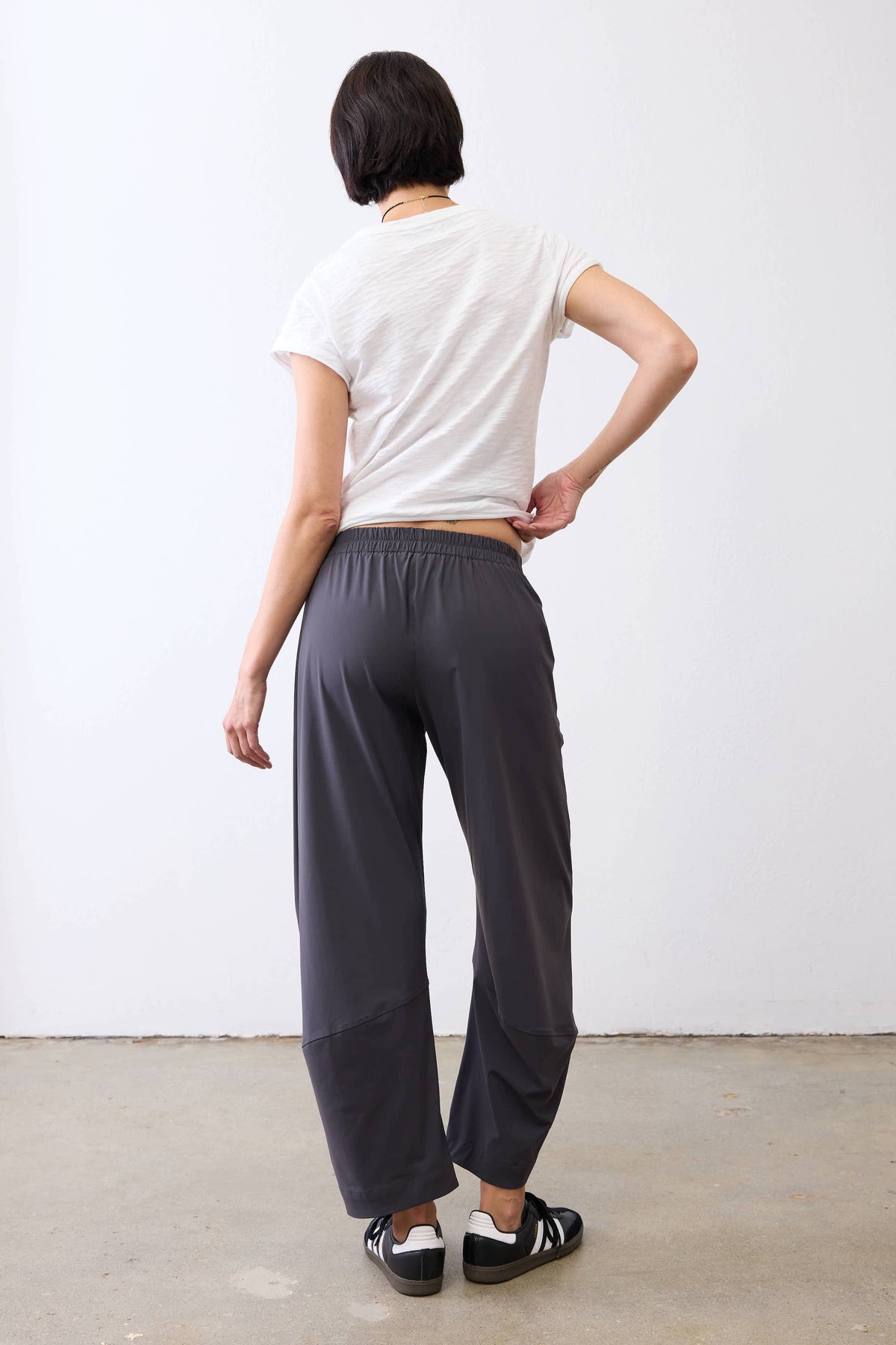 Graphite work pants with elastic waist, relaxed straight-leg fit