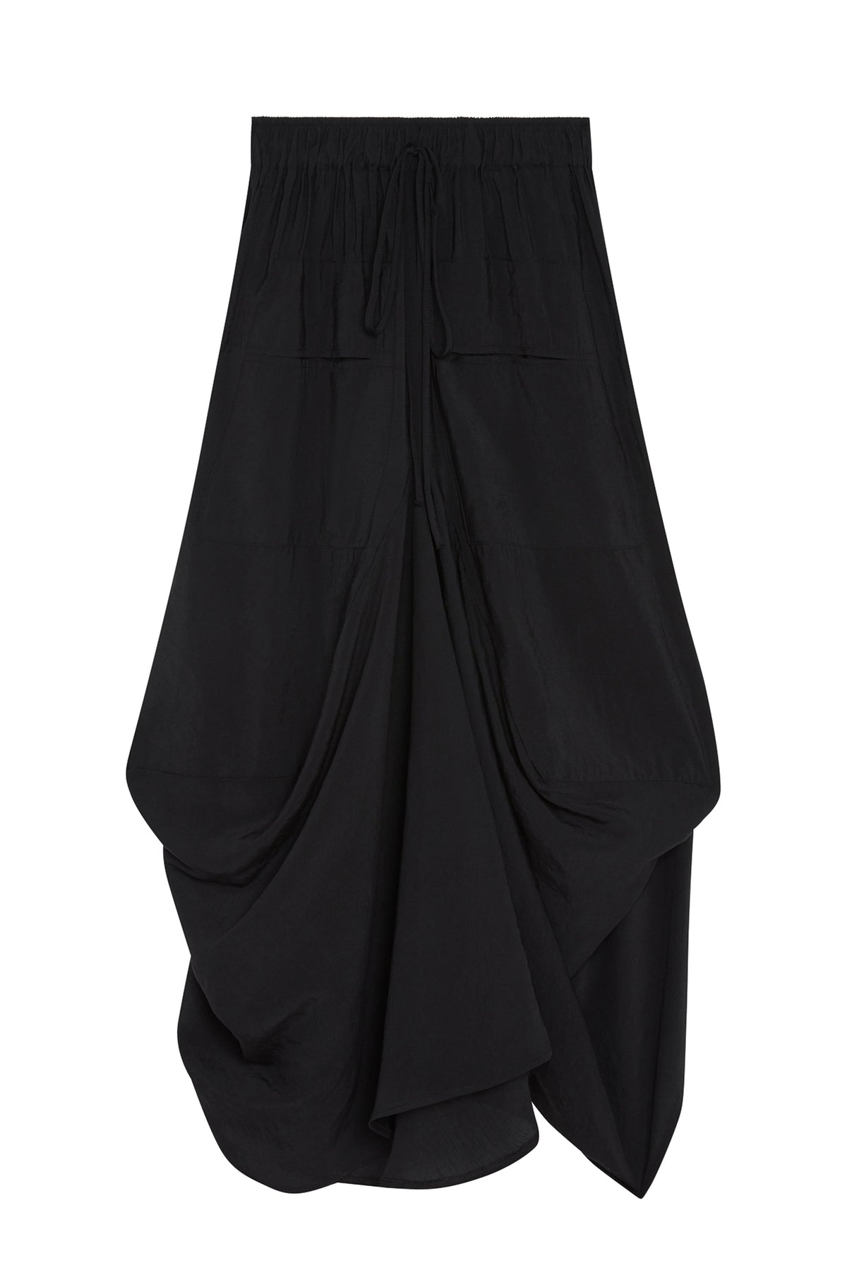 Black ruched elastic-waist draped midi skirt with volume at the hem