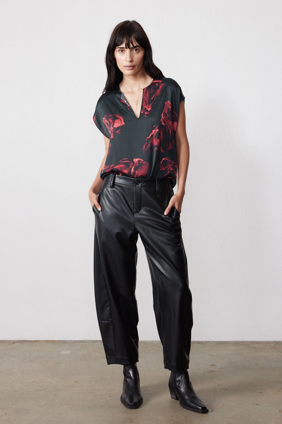 Rose floral silk top in dark base, V-neck, short sleeves, relaxed drape