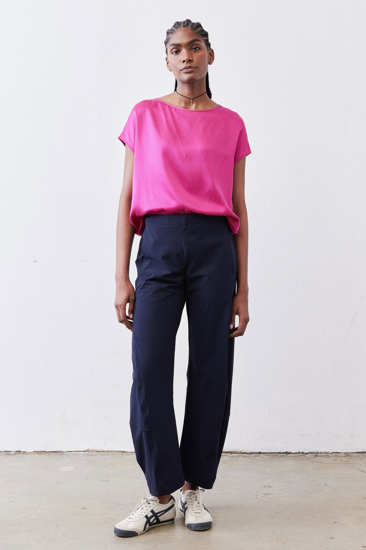 Fuchsia silk blouse with short sleeves and relaxed drape, crew neckline