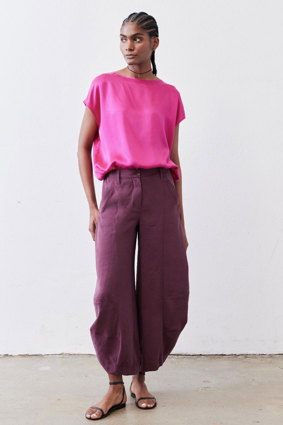 Fuchsia silk blouse with short sleeves, loose silhouette, front view