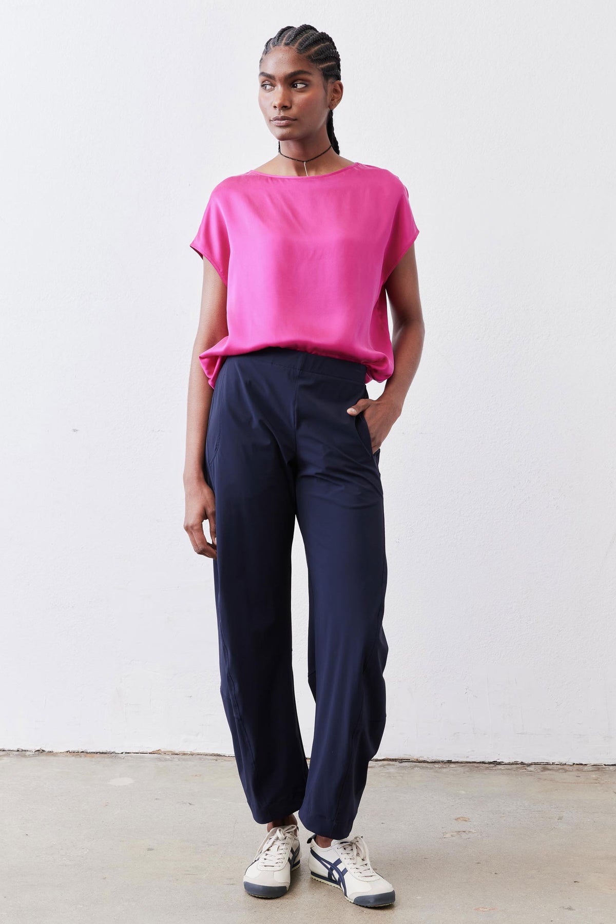 Fuchsia silk blouse with short sleeves, loose fit and crew neckline