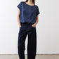 Deep blue silk blouse with short sleeves and crew neck, relaxed fit