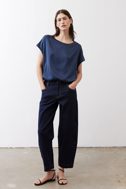 Deep blue silk blouse with short sleeves and crew neck, relaxed fit