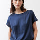 Deep blue silk tee blouse with short sleeves and crew neck, relaxed drape