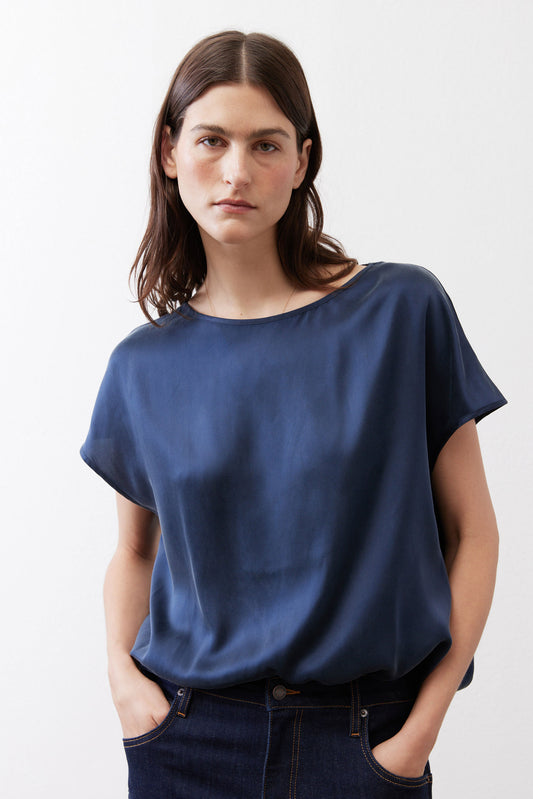 Deep blue silk tee blouse with short sleeves and crew neck, relaxed drape