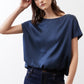 Silk blouse with short sleeves and crew neckline in deep blue, draped fit