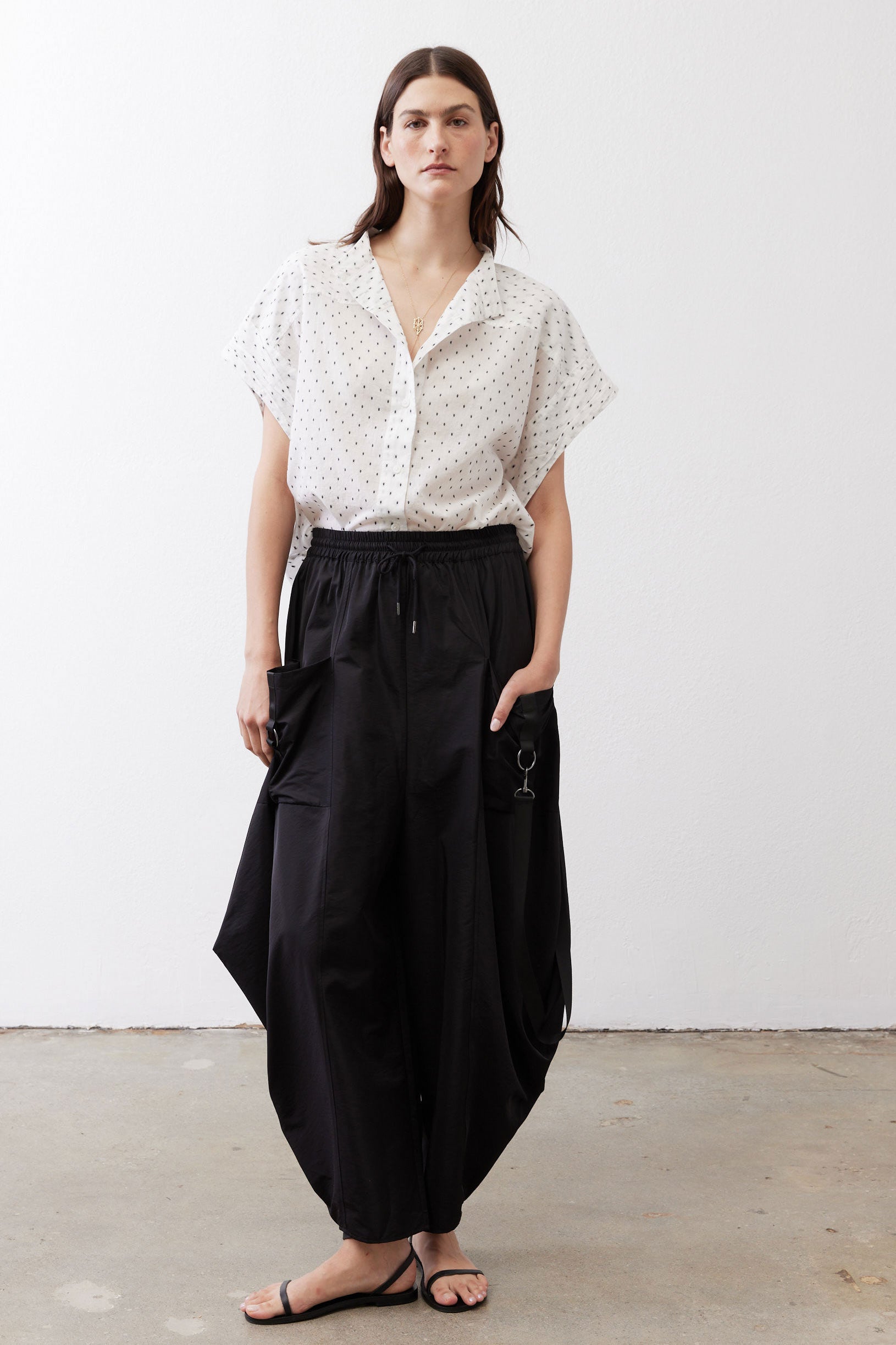 White dot-print button-front blouse with short dolman sleeves