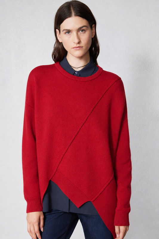 Red asymmetric pullover sweater with diagonal seam and ribbed crew neck