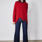 Red asymmetric pullover sweater, diagonal seam hem with ribbed neck and cuffs