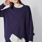 Asymmetric pullover sweater deep purple with diagonal seam, ribbed neckline and cuffs