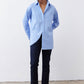 Asymmetric button-down shirt in light blue and white vertical stripe