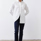 White asymmetric button-down shirt with pointed collar and long sleeves, front split