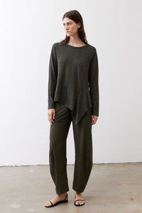 Asymmetric long-sleeve tunic in dark forest green with draped front hem