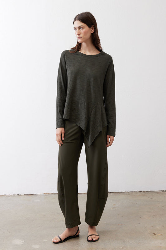 Asymmetric long-sleeve tunic in dark forest green with draped front hem