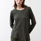 Asymmetric long-sleeve tunic in dark forest green, rounded neckline and draped hem