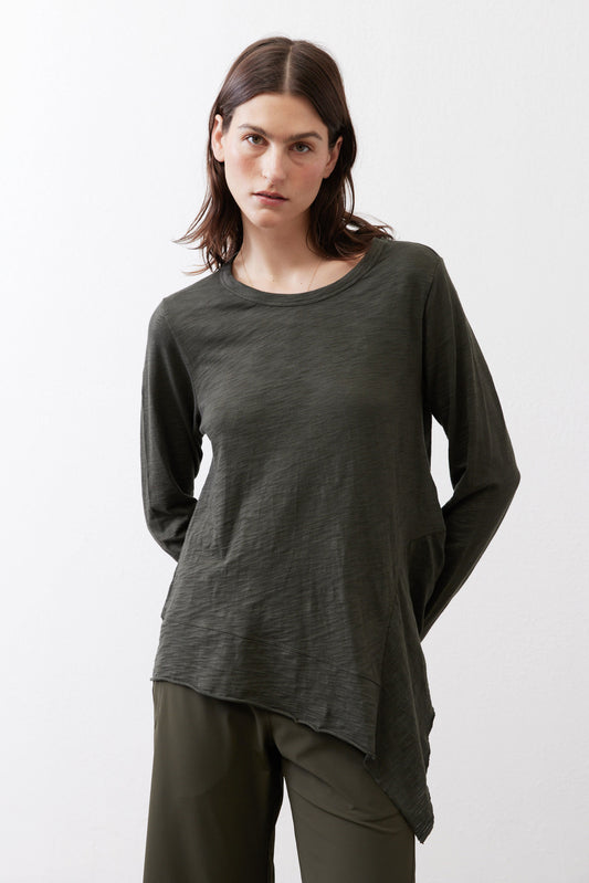 Asymmetric long-sleeve tunic in dark forest green, rounded neckline and draped hem