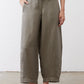 Olive wide-leg ankle pants with front pleats, slant pockets, and button closure